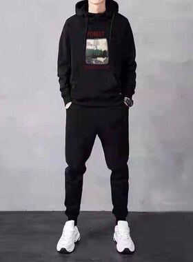 美式连帽卫衣男生两件套装秋冬重磅加绒帽衫搭配运动裤高街痞帅气