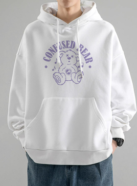 白色连帽卫衣男秋冬款2024新款潮牌美式复古高级感宽松情侣装外套