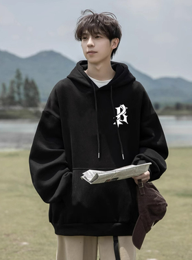 黑色卫衣男款连帽秋冬2024美式复古重磅潮牌宽松痞帅外套欧美高街