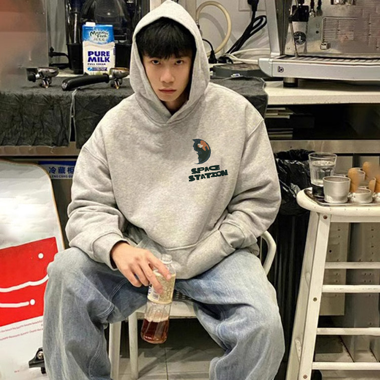 美式嘻哈痞帅个性印花连帽卫衣男秋冬潮牌宽松休闲加绒青少年上衣