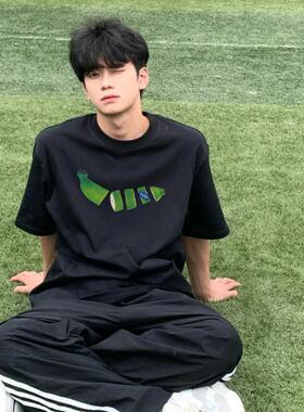 美式小众设计感纯棉t恤男夏季新款正肩百搭圆领宽松大码短袖上衣