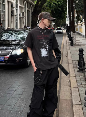 245g重磅美式复古纯棉t恤短袖男款夏季潮牌高街半袖宽松黑色上衣