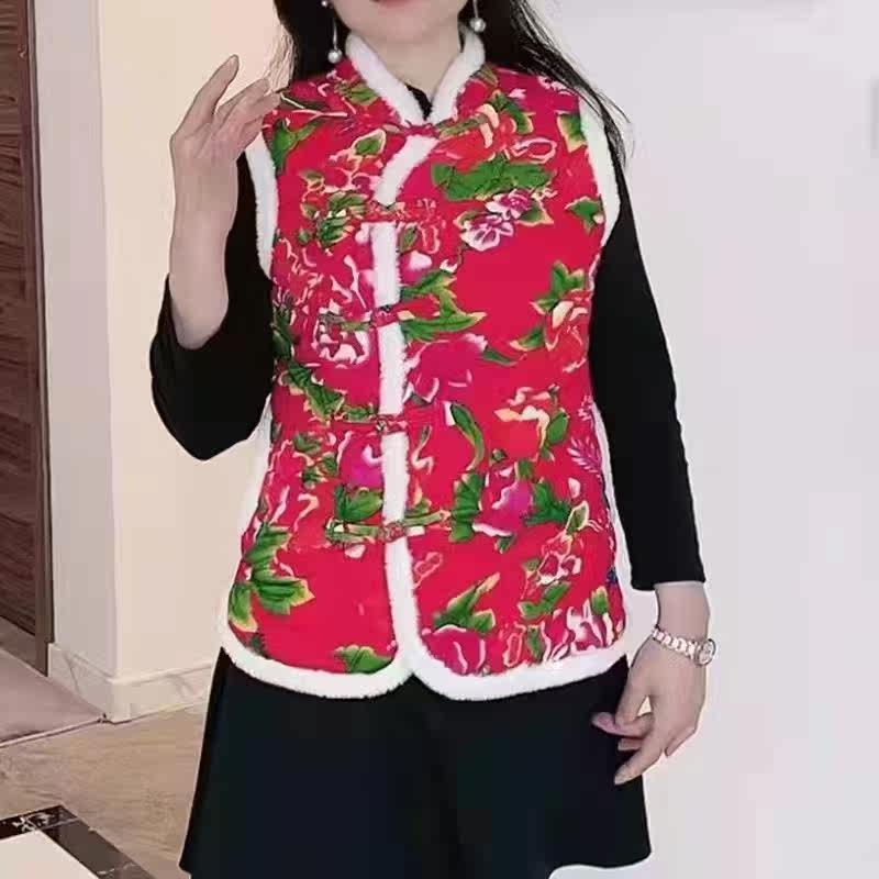 马甲女中老年人短款春秋背心东北花袄马甲中国风坎肩妈妈马夹冬季