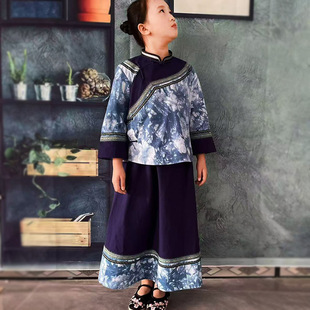 布依族服装女童民族风扎染套装女立领唐装复古两件套春秋上衣裙子