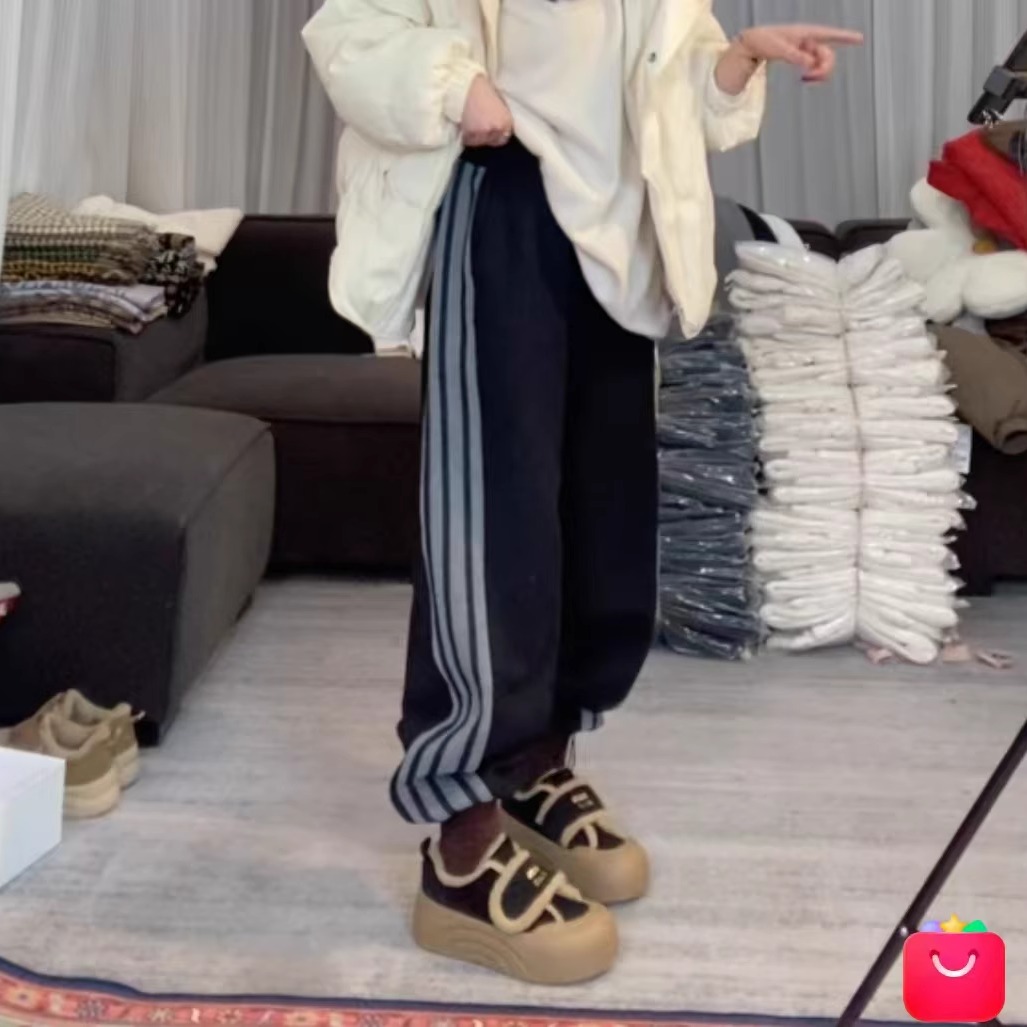 慧慧来自星星女装店  新款三色条杠抽绳两穿加绒休闲卫裤加绒