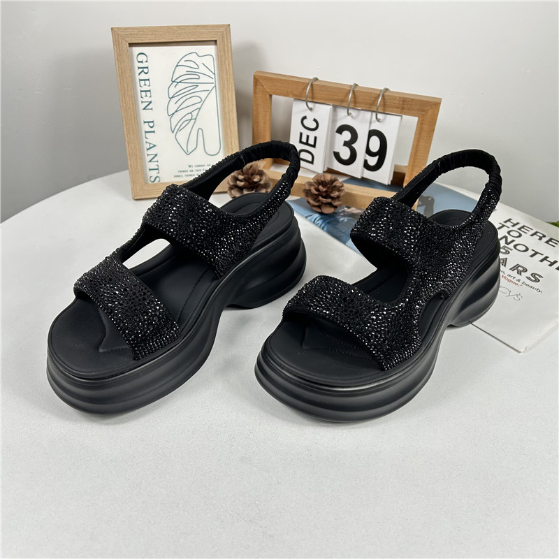 特丽雅正品水钻厚底凉鞋女春夏外穿露趾增高休闲沙滩鞋黑色松糕底