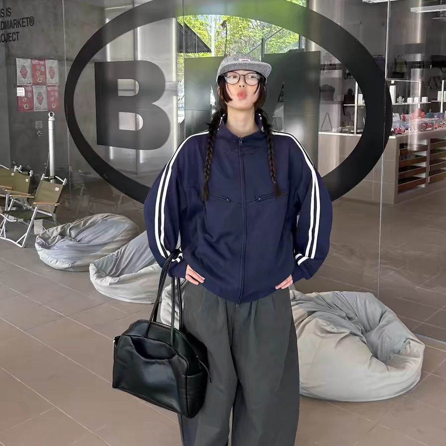美式宽松双拉链立领卫衣外套女