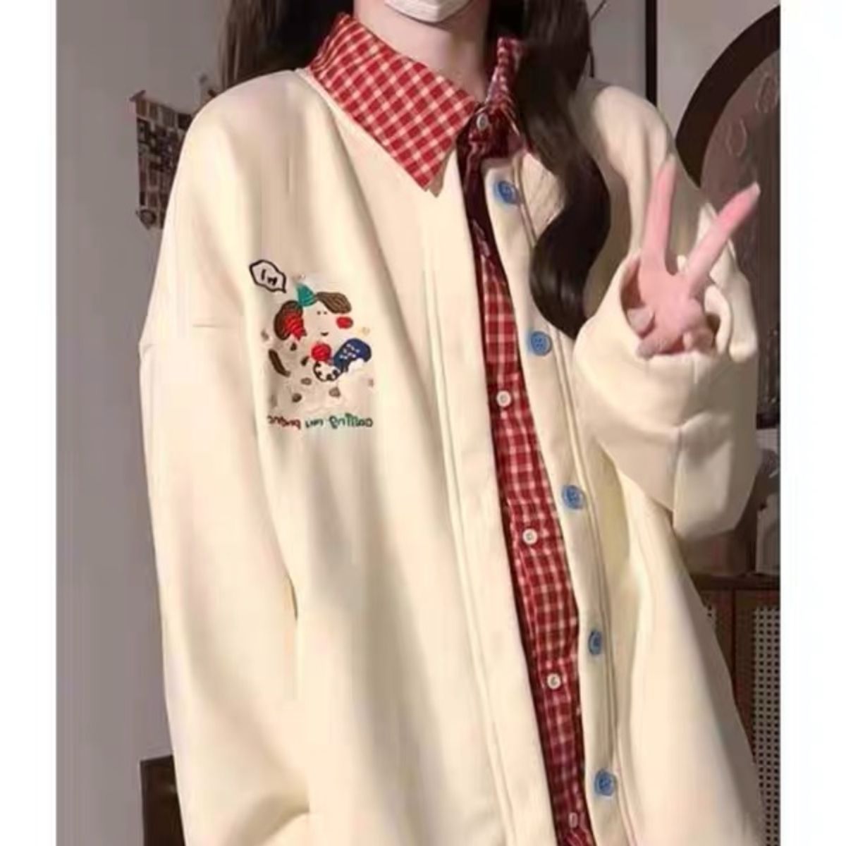 学院风小狗刺绣假两件棒球外套女