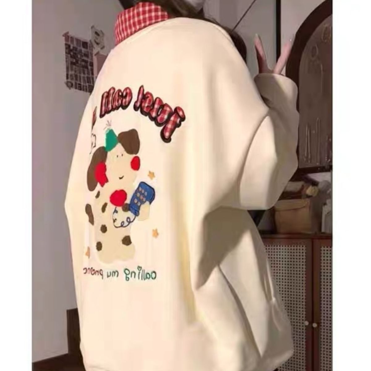 小狗刺绣假两件卫衣设计款可爱学院风短外套外套女学院棒球服夹克