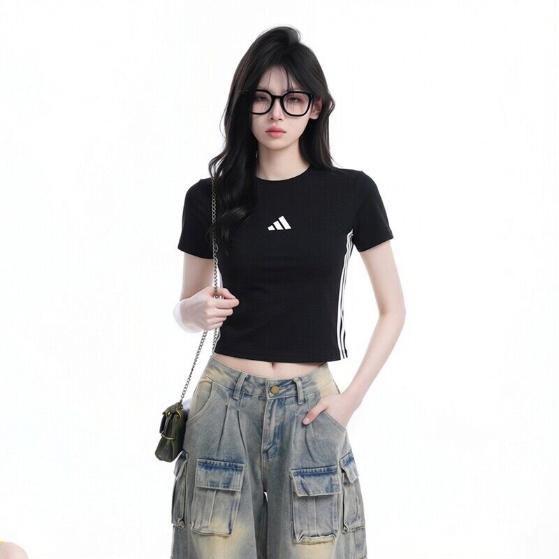 阿迪达斯黑色T恤女装夏季新款复古美式网球休闲短款短袖JC8325