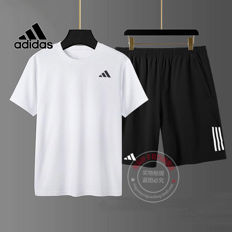 阿迪达斯运动套装男秋季新款休闲圆领短袖训练梭织短裤快干两件套