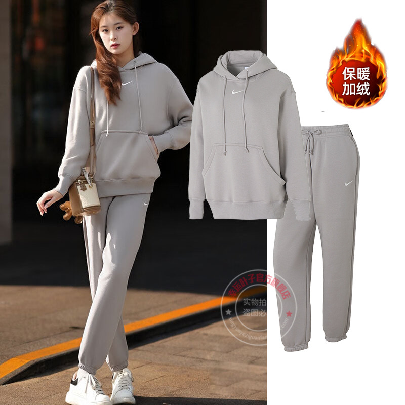 耐克女装加绒运动套装25冬新款舒适保暖卫衣套头衫束脚长裤两件套