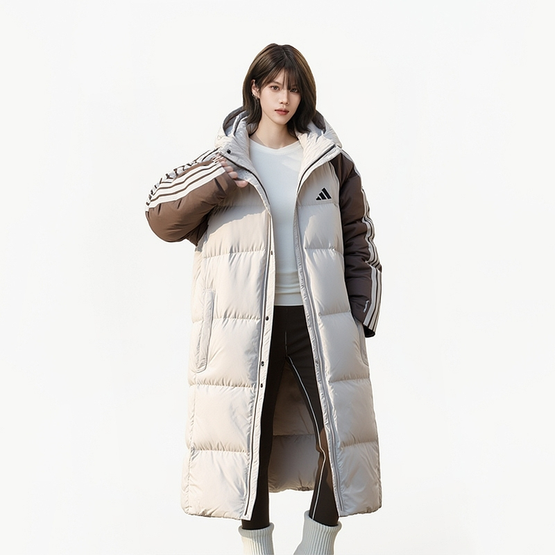 阿迪达斯白色长款羽绒服男女装2025冬季新款情侣运动棉袄男士外套