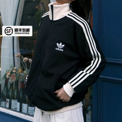 阿迪达斯三叶草外套女款秋季新款华夫格开衫运动服男士休闲夹克