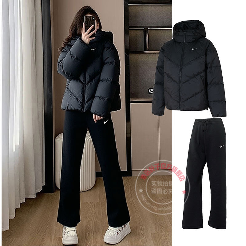 Nike耐克运动套装女2025秋季新款连帽羽绒服腰阔腿加绒长裤两件套