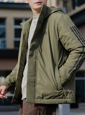 阿迪达斯军绿色棉服外套男2025新款连帽运动服棉衣防风夹克IP2535