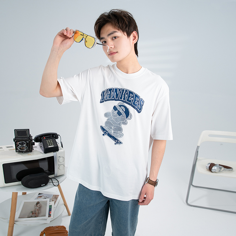 MLB官方 白色圆领短袖男装女装半截袖皱眉熊运动服情侣透气T恤衫