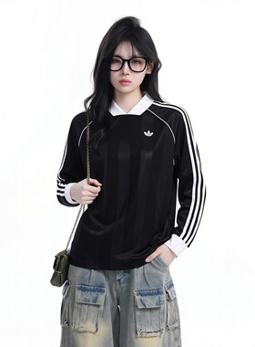 阿迪达斯三叶草黑色长袖T恤女装2026夏季新款打底衫运动服KD2897