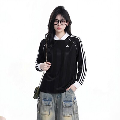 阿迪达斯三叶草黑色长袖T恤女装2026夏季新款打底衫运动服KD2897