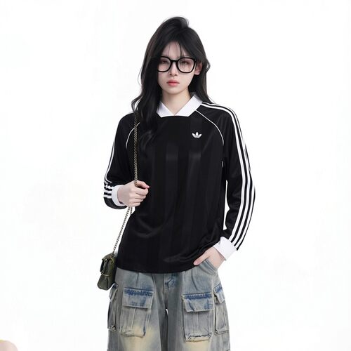 阿迪达斯三叶草黑色长袖T恤女装2026秋季新款打底衫运动服KD2897