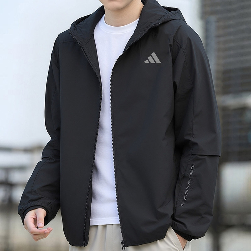 阿迪达斯正品梭织连帽夹克男装2026冬季黑色训练跑步休闲服运动服