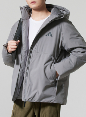 阿迪达斯灰色防风外套男2025新款600蓬鸭绒连帽羽绒服运动服夹克