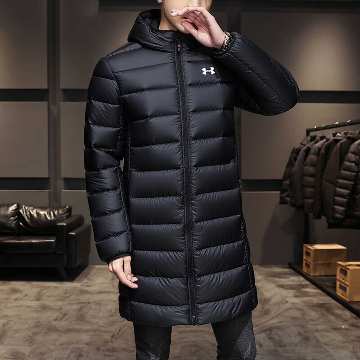 UA安德玛长款羽绒服男装冬季新款保暖运动服户外休闲夹克连帽外套