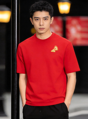 阿迪达斯新年款短袖男本命年红色半袖上衣马年休闲运动T恤KR3078