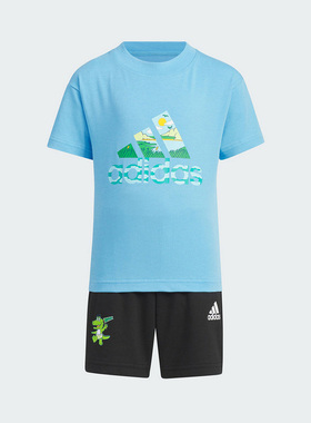 阿迪达斯运动套装童装圆领短袖T恤跑步裤子短裤休闲两件套JF3855