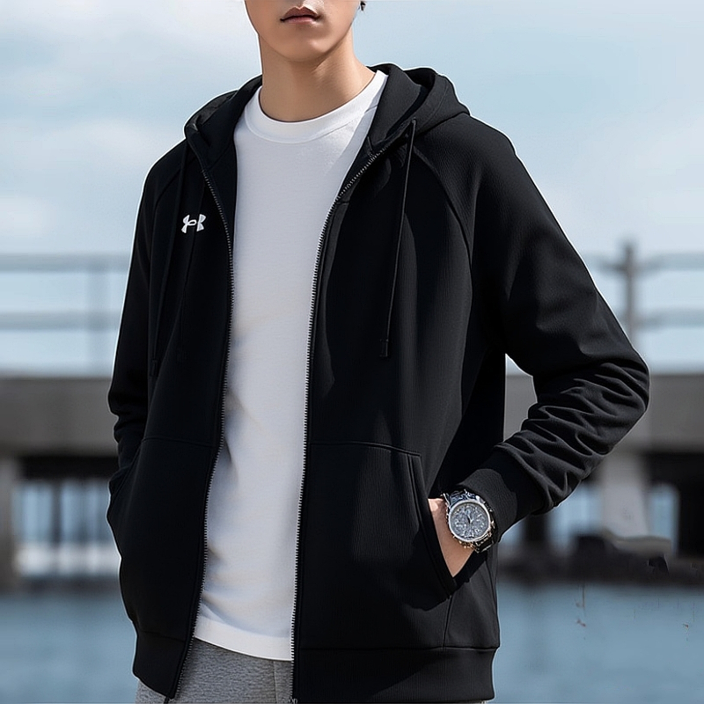 UA安德玛男士外套秋季新款针织加绒健身运动服保暖卫衣跑步夹克