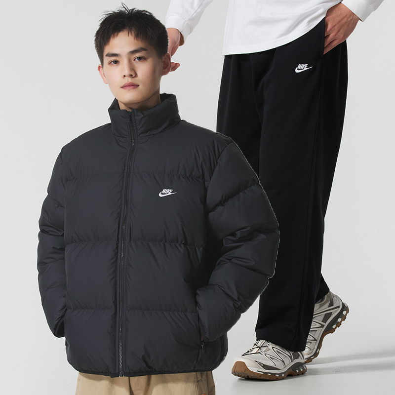 NIKE耐克运动套装男装防风立领羽绒服棉羽外套黑色休闲长裤直筒裤