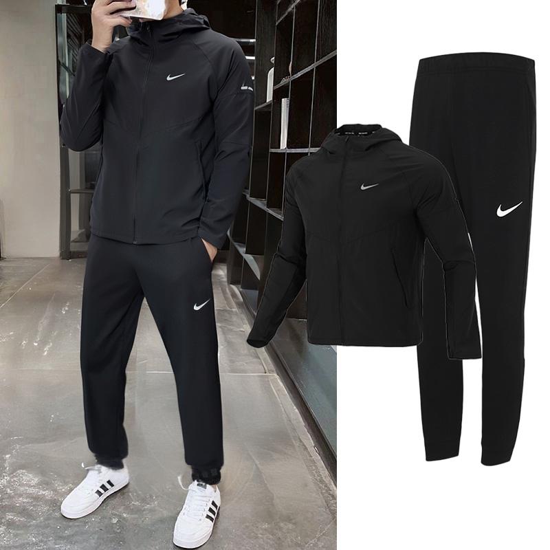 NIKE耐克黑色运动套装男秋季新款连帽外套夹克跑步裤子长裤两件套