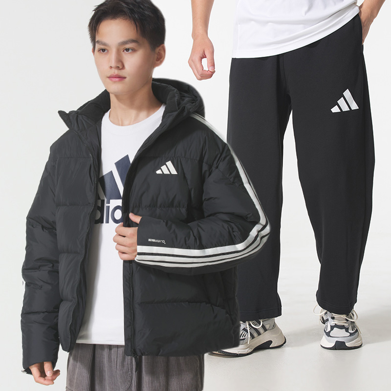 阿迪达斯运动套装男装冬季新款三条纹羽绒服外套加绒长裤休闲卫裤