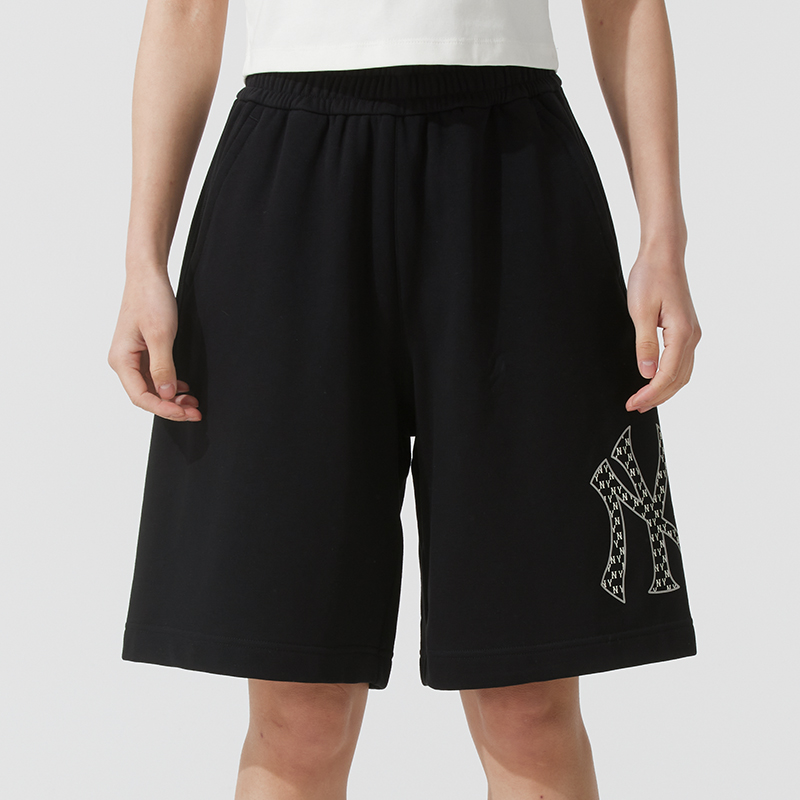 MLB官方 复古老花短裤男裤女裤黑色宽松运动裤休闲裤透气五分裤潮