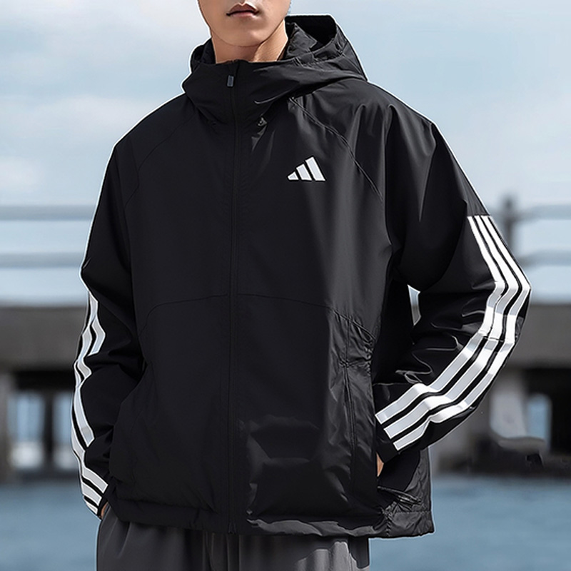阿迪达斯梭织夹克男2025秋季新款三条纹运动服连帽休闲外套JM1056