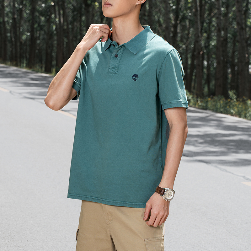 Timberland添柏岚POLO衫男装秋季新款翻领短袖绿色休闲运动服T恤