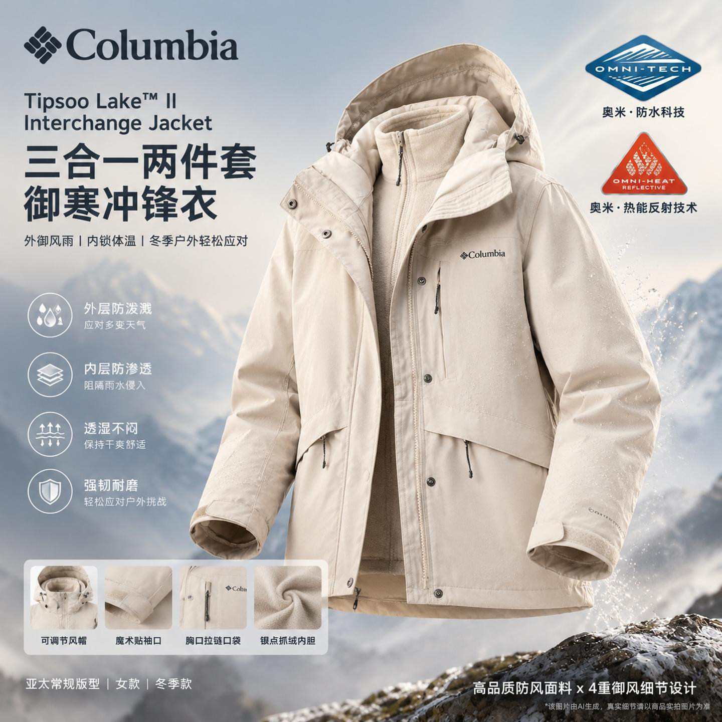 幸运叶子丨哥伦比亚三合一冲锋衣女防水外套抓绒内胆银点保暖上衣