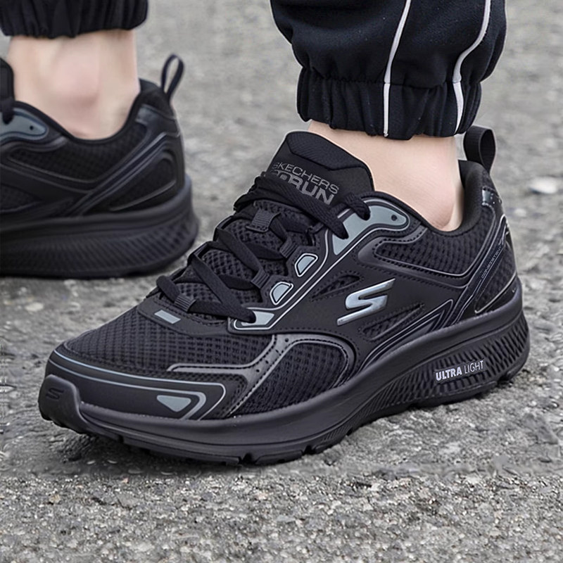 斯凯奇官方旗舰男鞋黑色春季新款休闲鞋透气减震运动鞋男士跑步鞋