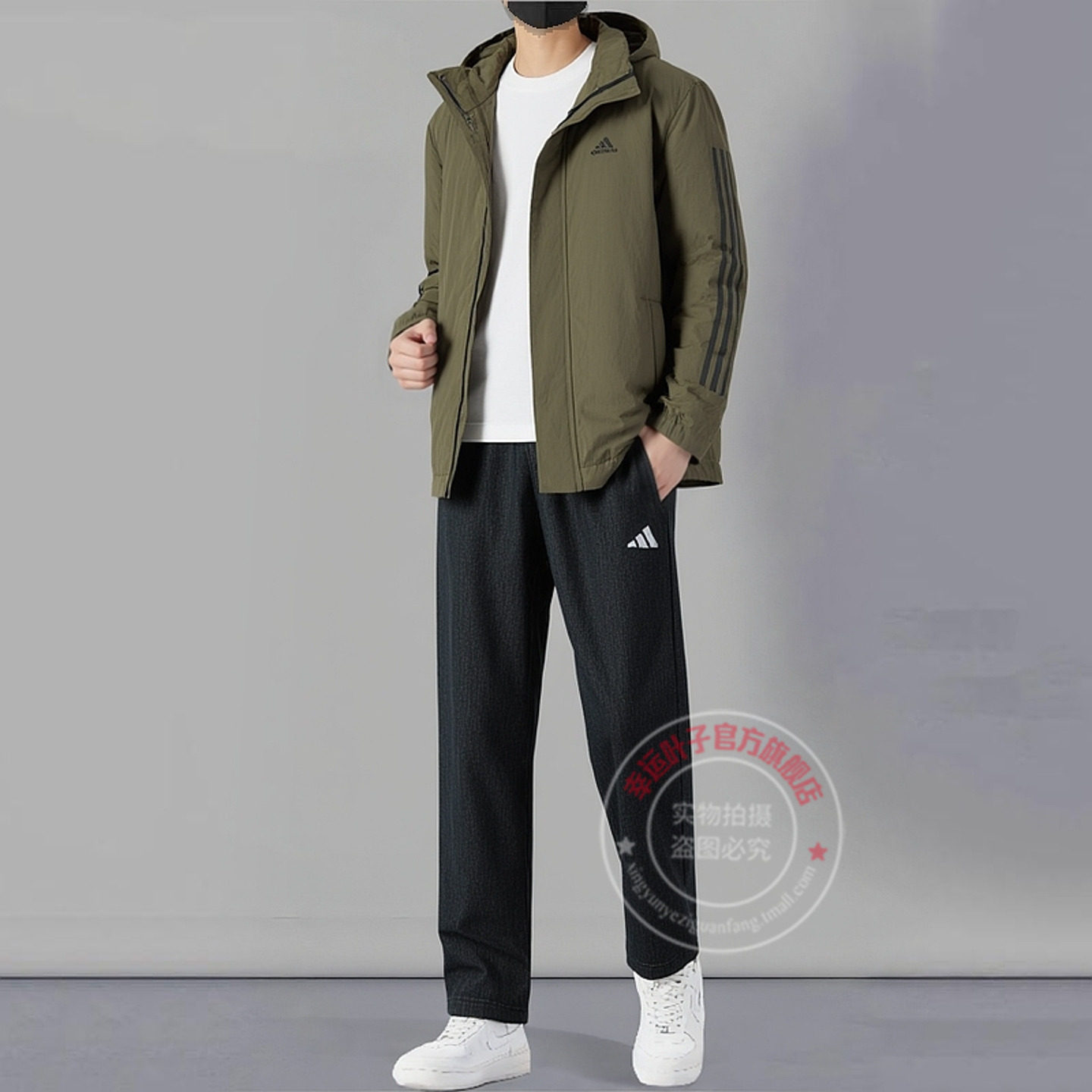 阿迪达斯运动套装男秋季新款连帽棉服保暖外套针织训练裤子两件套
