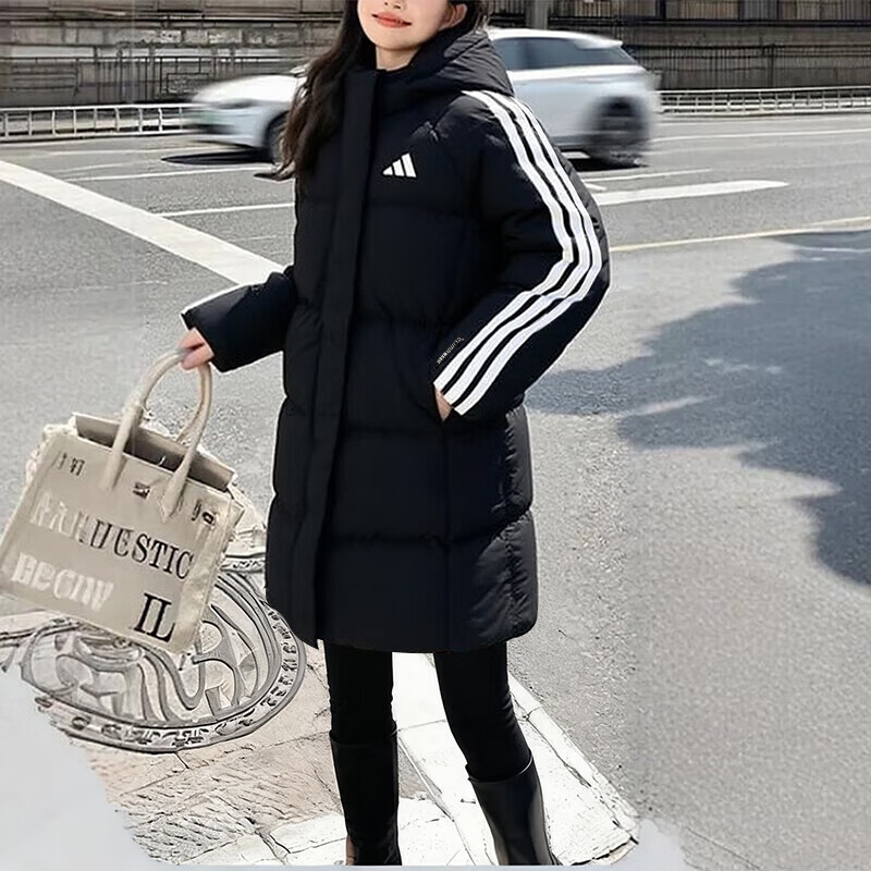 阿迪达斯女装中长款羽绒服2025冬季新款防寒保暖加厚连帽鸭绒外套