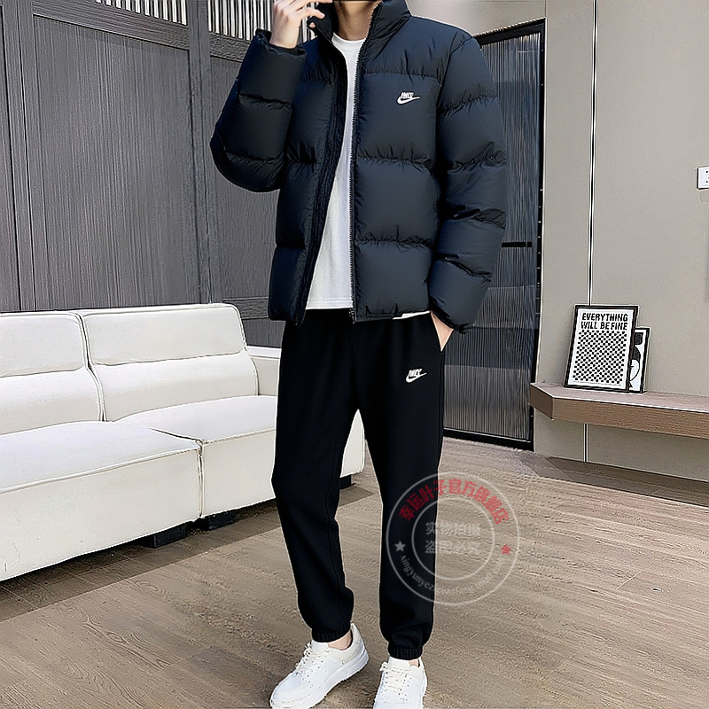 NIKE耐克运动套装男款立领面包服羽绒外套加绒长裤跑步训练两件套