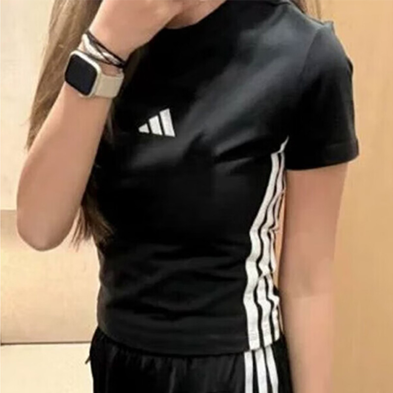 阿迪达斯短袖女装2025夏季新款黑色运动半袖女士纯棉T恤衫JD0846