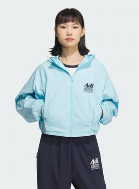 阿迪达斯蓝色短款外套女装春季新款连帽运动服休闲时尚夹克JI6882