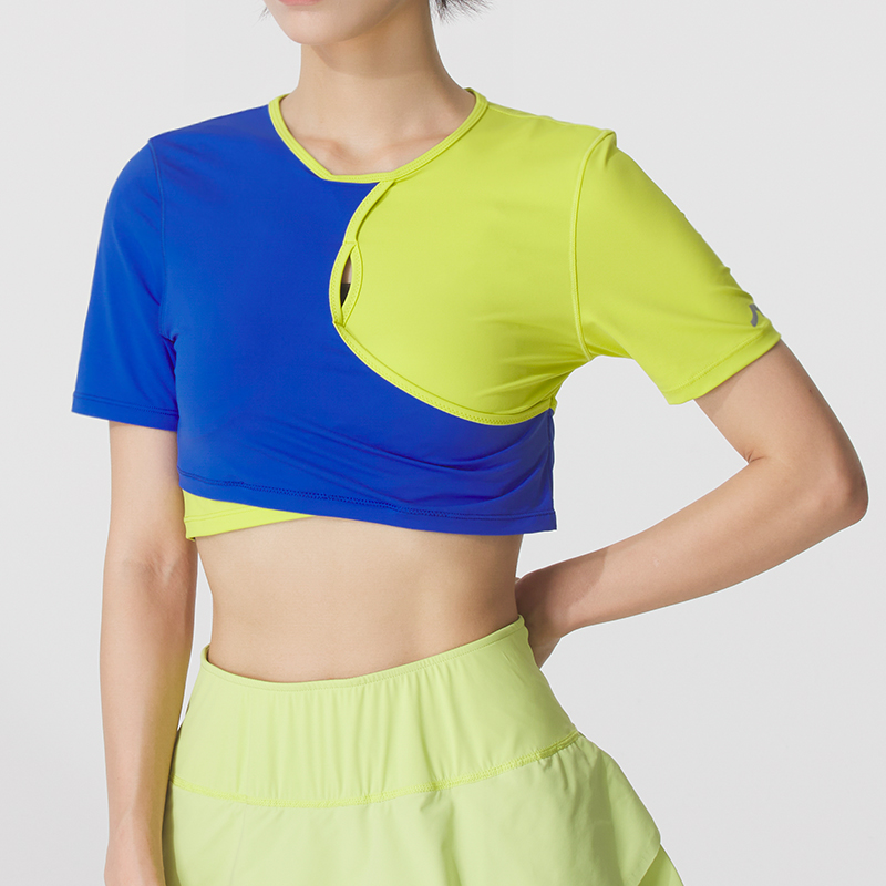 LANBU蓝步圆领短袖女2025新款撞色超短运动服透气训练健身半袖T恤
