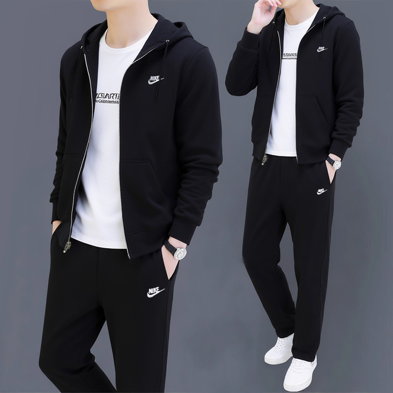 Nike耐克黑色套装男秋季新款针织连帽夹克透气运动裤训练服两件套