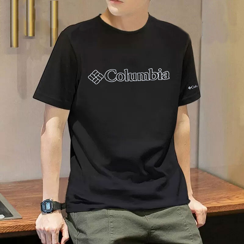 Columbia哥伦比亚户外T恤衫男装黑色圆领半袖跑步运动服透气短袖
