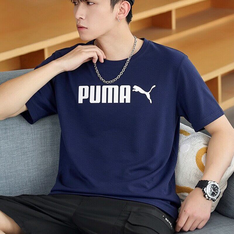 PUMA彪马蓝色短袖男装2026新款男士纯棉圆领运动服休闲半袖T