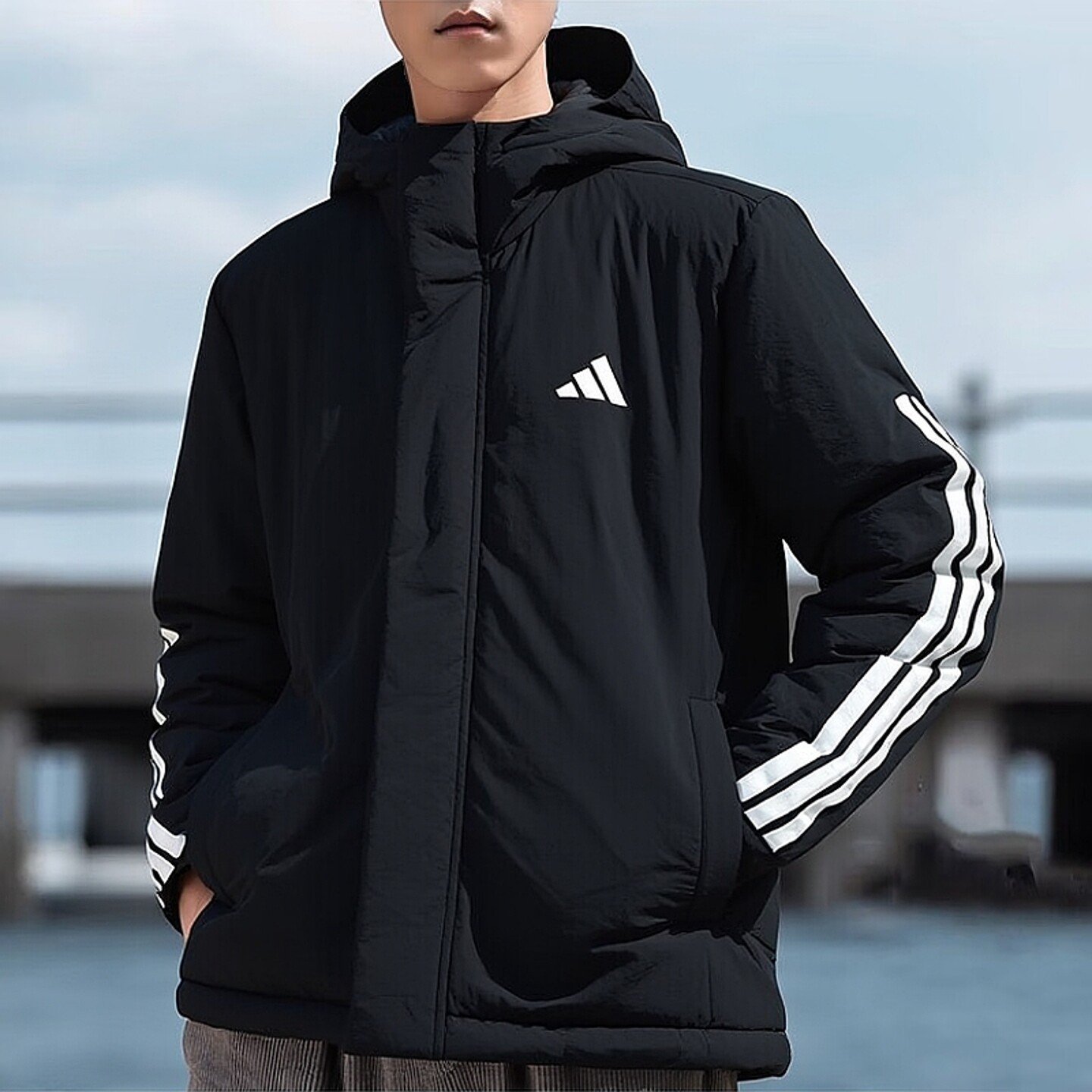 Adidas阿迪达斯棉服男装新款运动休闲棉外套黑色棉衣保暖连帽棉