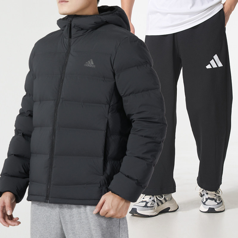 阿迪达斯运动套装男冬季新款宽松连帽羽绒服夹克针织加绒保暖裤子