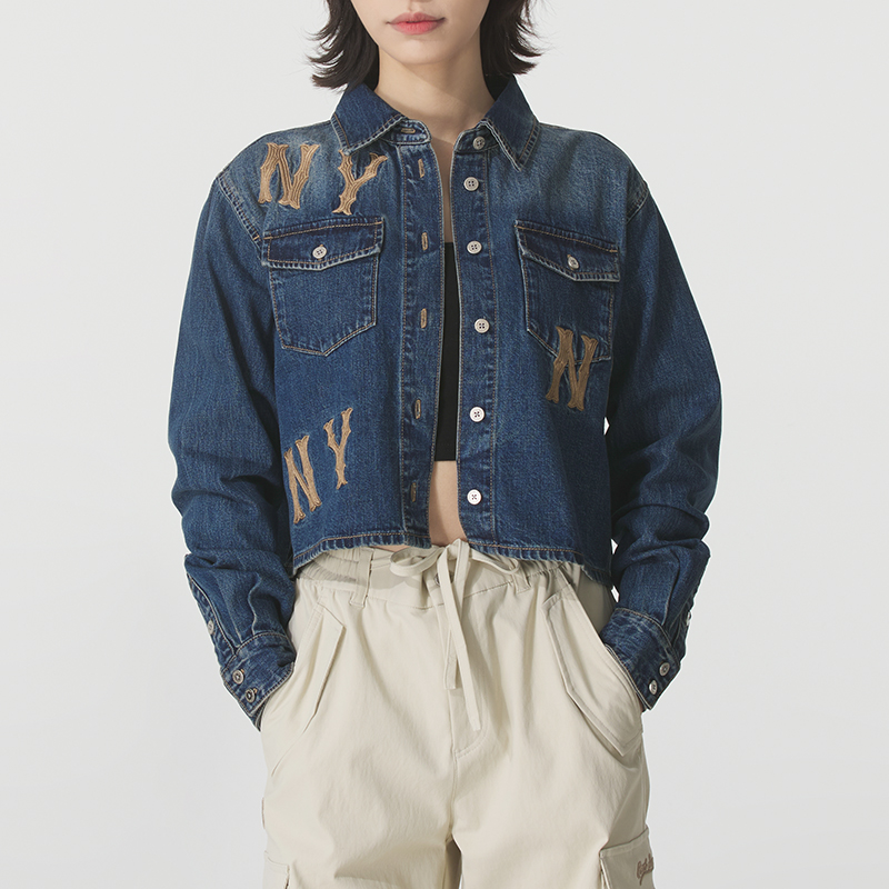 MLB官方 牛仔外套女装2025新款短款休闲上衣翻领夹克运动服开衫